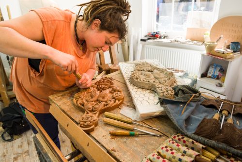 Woodcarving Diploma candidate carving a set of bellows ©City & Guilds of London Art School