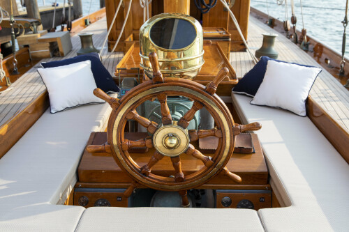 The restored yacht Eilean, docked at San Giorgio Maggiore Island, Venice. 
Tomas Bertelsen©Michelangelo Foundation